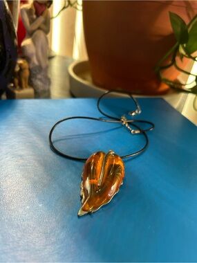 Vintage Genuine Amber Leaf Pendant Necklace with Black Cord